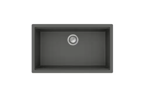 Unterbauspüle in Steingrau mit runder Ablaufgarnitur. Design von Hansgrohe, einfache Handhabung und Reinigung. Eignet sich für moderne Küchenanwendungen.